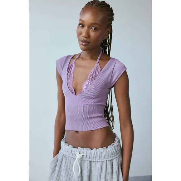 NWOT Urban Outfitters Out From Under Purple Seeing Double Tee Top Lace Sz Medium - Picture 1 of 13